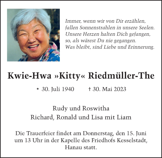Traueranzeige von Kwie-Hwa Riedmüller-The von FZ