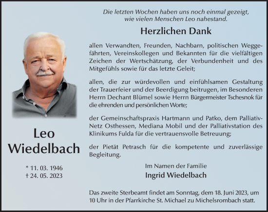 Traueranzeige von Leo Wiedelbach von FZ