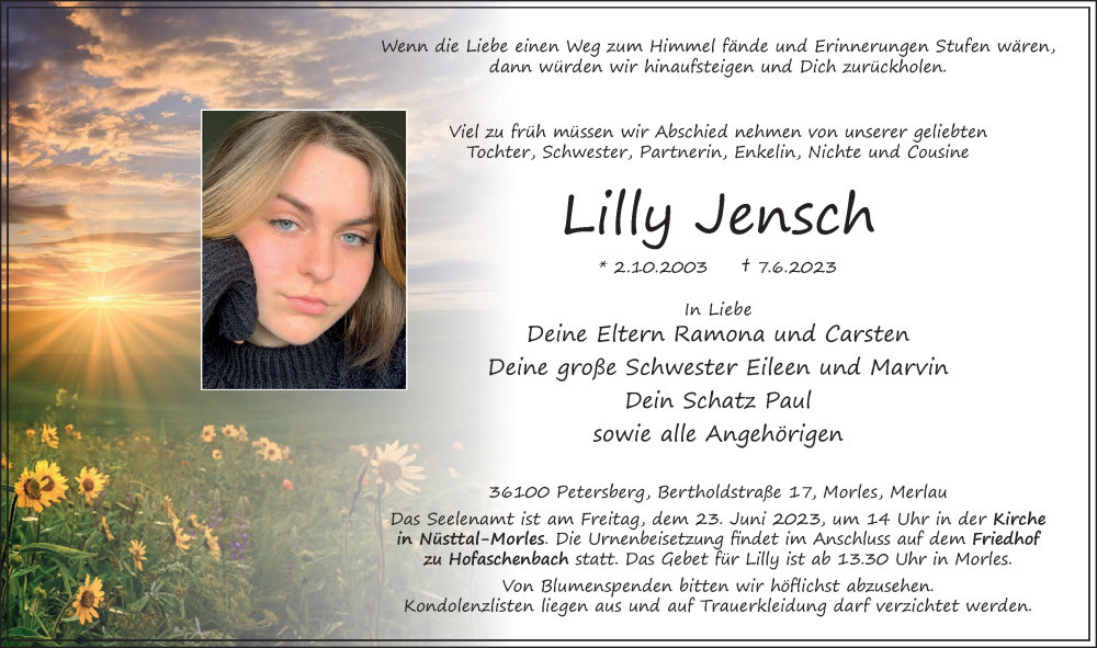  Traueranzeige für Lilly Jensch vom 20.06.2023 aus FZ