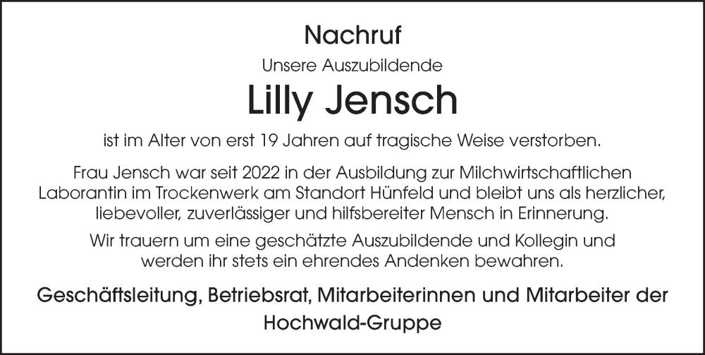  Traueranzeige für Lilly Jensch vom 20.06.2023 aus FZ