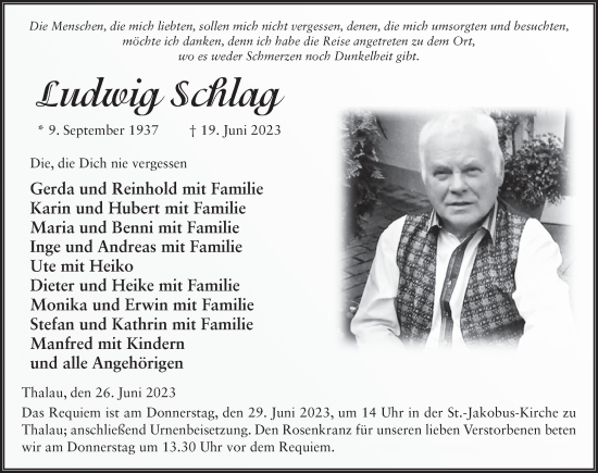 Traueranzeige von Ludwig Schlag von FZ
