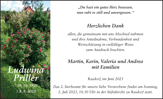 Traueranzeige von Ludwina Priller von FZ