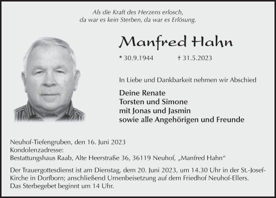 Traueranzeige von Manfred Hahn von FZ
