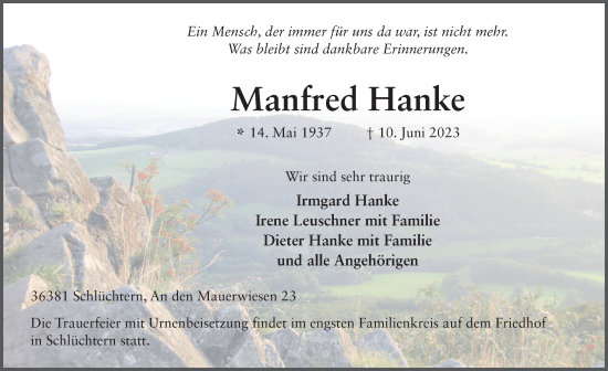 Traueranzeige von Manfred Hanke von FZ
