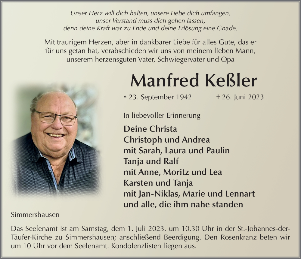  Traueranzeige für Manfred Keßler vom 29.06.2023 aus FZ