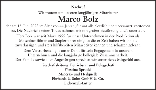 Traueranzeige von Marco Bolz von FZ
