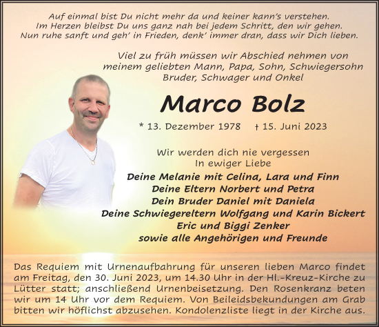 Traueranzeige von Marco Bolz von FZ