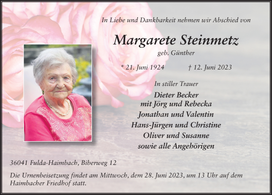 Traueranzeige von Margarete Steinmetz von FZ
