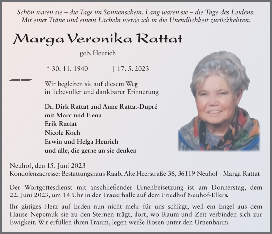 Traueranzeige von Marga Veronika Rattat von FZ