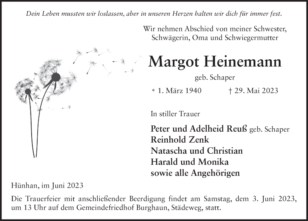  Traueranzeige für Margot Heinemann vom 01.06.2023 aus FZ