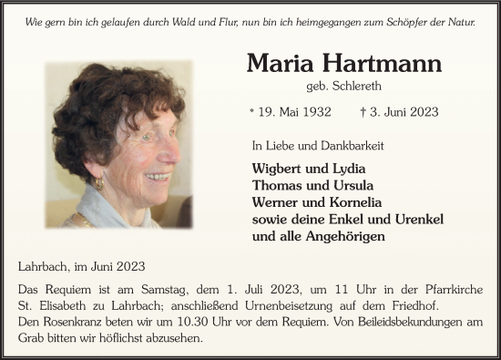 Traueranzeige von Maria Hartmann von FZ