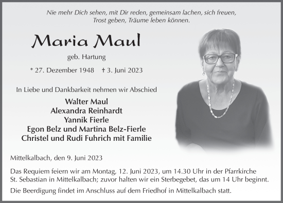 Traueranzeige von Maria Maul von FZ