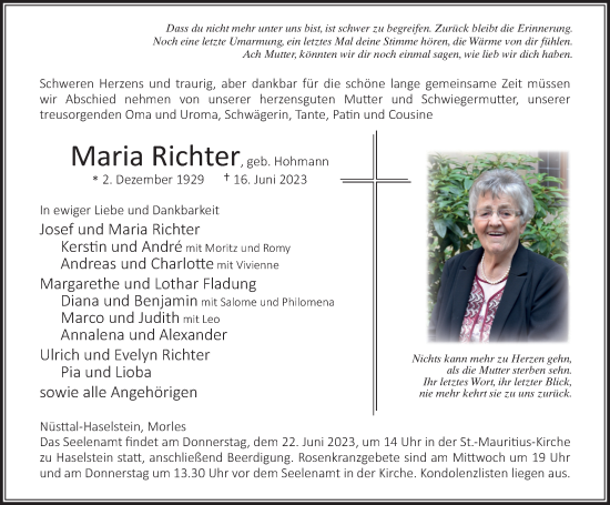 Traueranzeige von Maria Richter von FZ