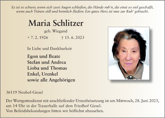 Traueranzeige von Maria Schlitzer von FZ