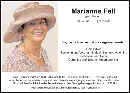 Traueranzeige von Marianne Fell von FZ
