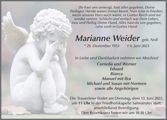 Traueranzeige von Marianne Weider von FZ
