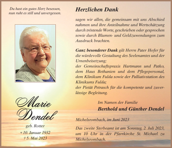 Traueranzeige von Marie Dendel von FZ