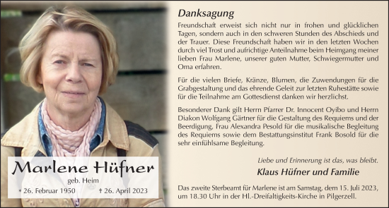 Traueranzeige von Marlene Hüfner von FZ