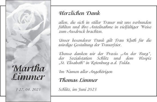 Traueranzeige von Martha Limmer von FZ