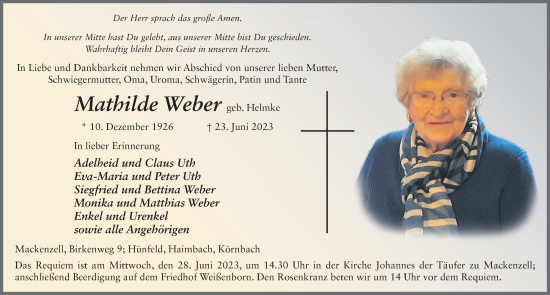 Traueranzeige von Mathilde Weber von FZ
