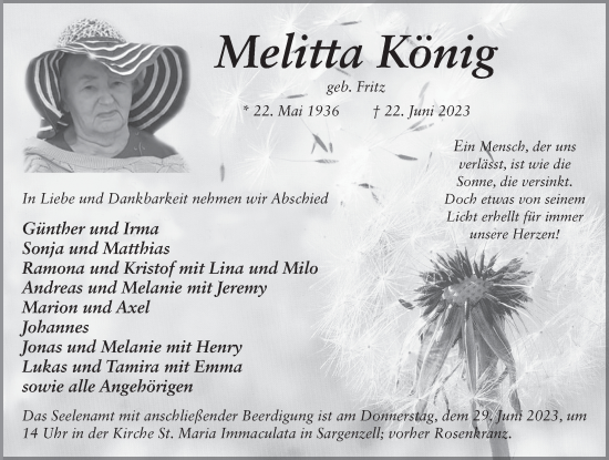 Traueranzeige von Melitta König von FZ