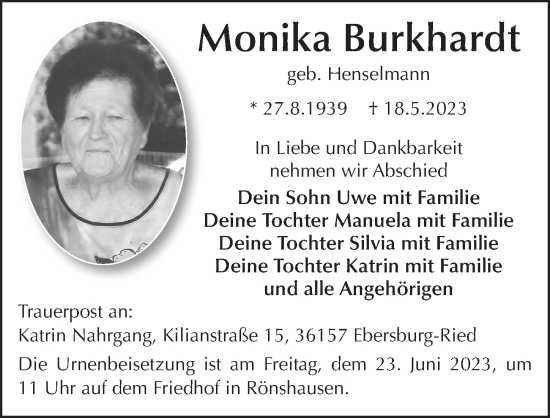 Traueranzeige von Monika Burkhardt von FZ
