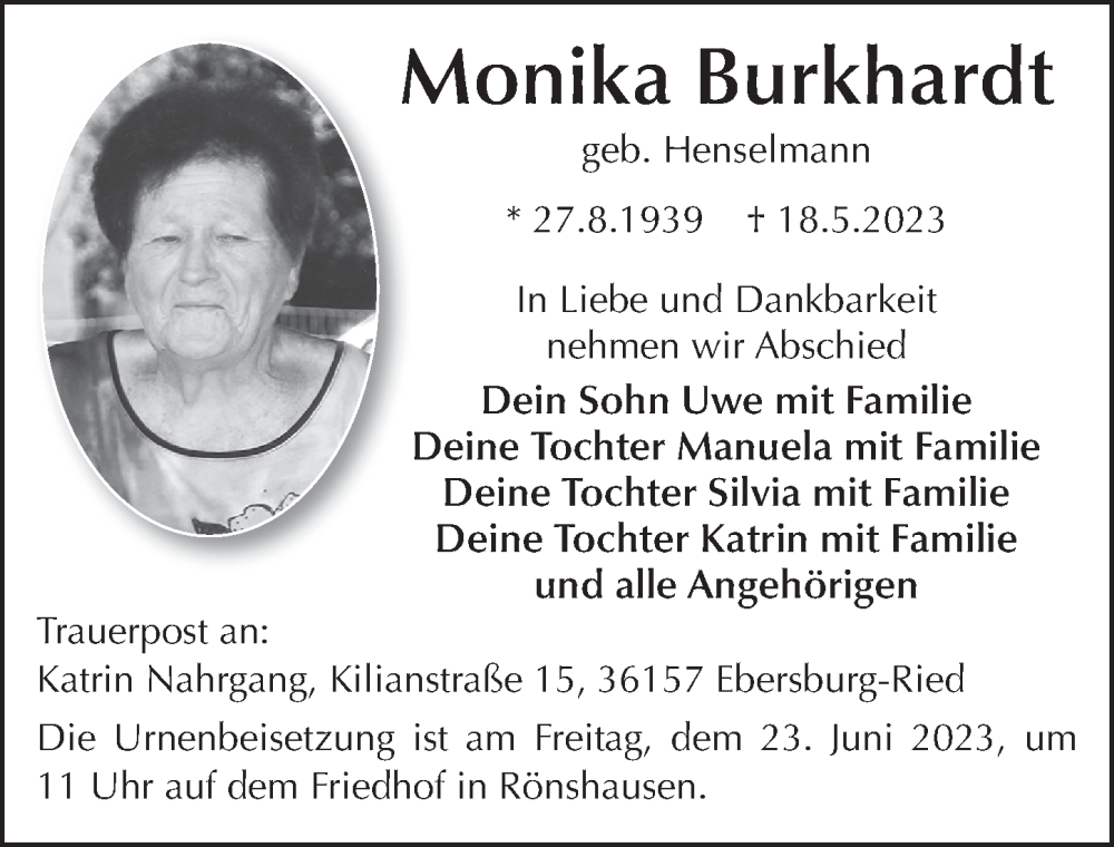  Traueranzeige für Monika Burkhardt vom 12.06.2023 aus FZ