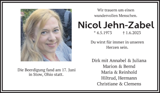 Traueranzeige von Nicol Jehn-Zabel von FZ