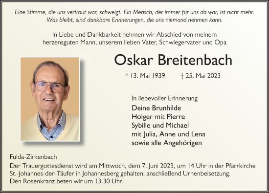 Traueranzeige von Oskar Breitenbach von FZ