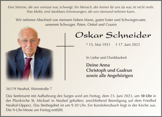 Traueranzeige von Oskar Schneider von FZ