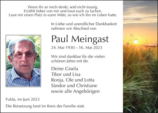 Traueranzeige von Paul Meingast von FZ