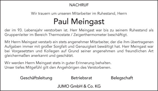 Traueranzeige von Paul Meingast von FZ