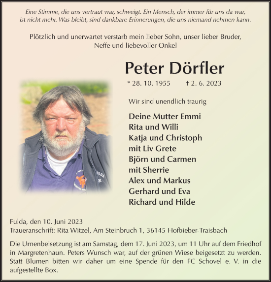 Traueranzeige von Peter Dörfler von FZ