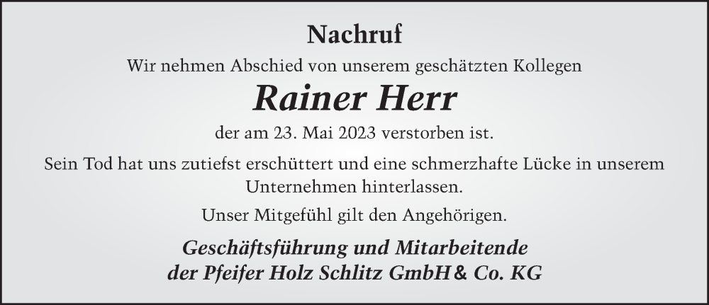  Traueranzeige für Rainer Herr vom 09.06.2023 aus FZ