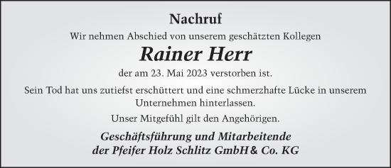 Traueranzeige von Rainer Herr von FZ