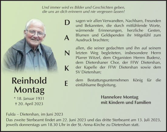 Traueranzeige von Reinhold Montag von FZ