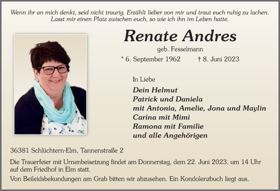 Traueranzeige von Renate Andres von FZ