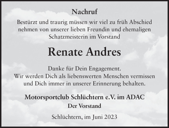 Traueranzeige von Renate Andres von FZ