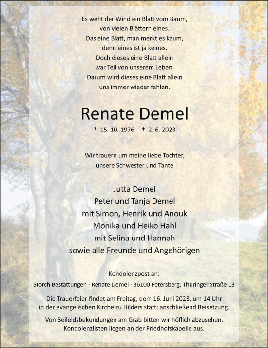 Traueranzeige von Renate Demel von FZ