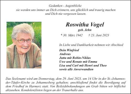 Traueranzeige von Roswitha Vogel von FZ