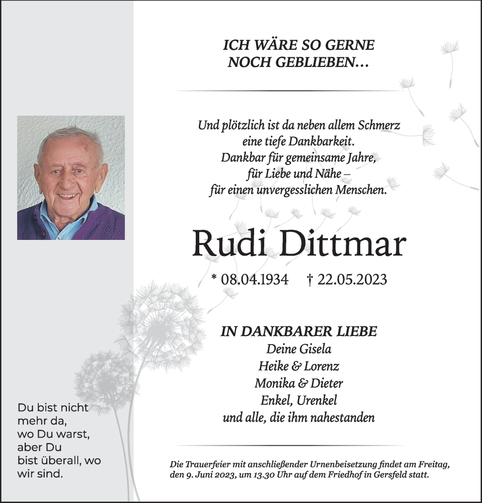  Traueranzeige für Rudi Dittmar vom 05.06.2023 aus FZ