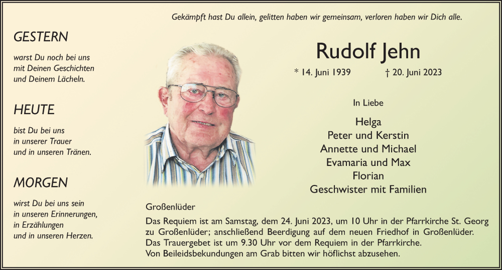  Traueranzeige für Rudolf Jehn vom 22.06.2023 aus FZ