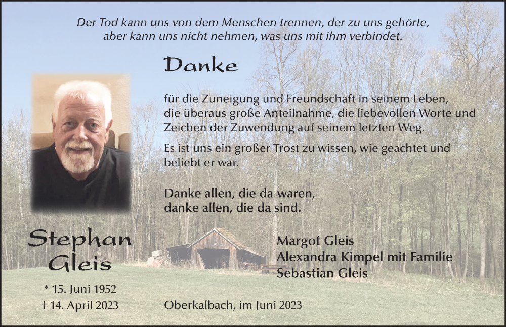  Traueranzeige für Stephan Gleis vom 15.06.2023 aus FZ