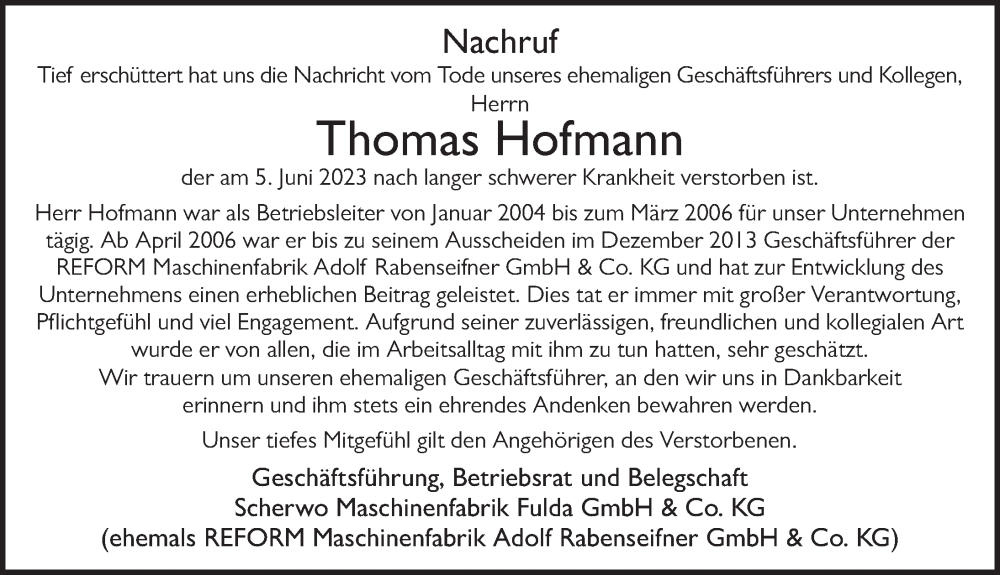  Traueranzeige für Thomas Hofmann vom 17.06.2023 aus FZ