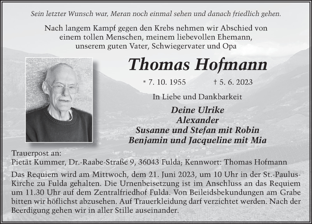  Traueranzeige für Thomas Hofmann vom 17.06.2023 aus FZ