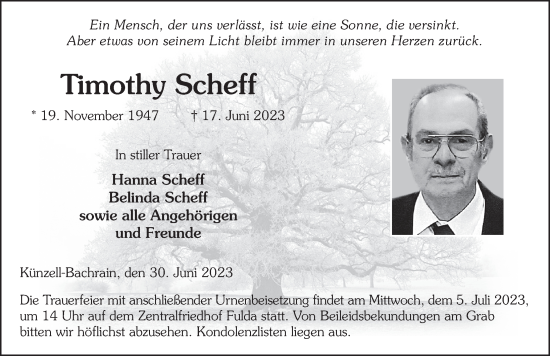 Traueranzeige von Timothy Scheff von FZ