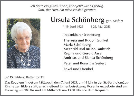Traueranzeige von Ursula Schönberg von FZ