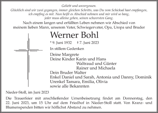 Traueranzeige von Werner Bohl von FZ