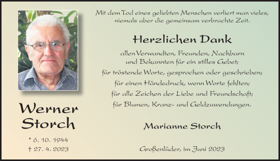 Traueranzeige von Werner Storch von FZ