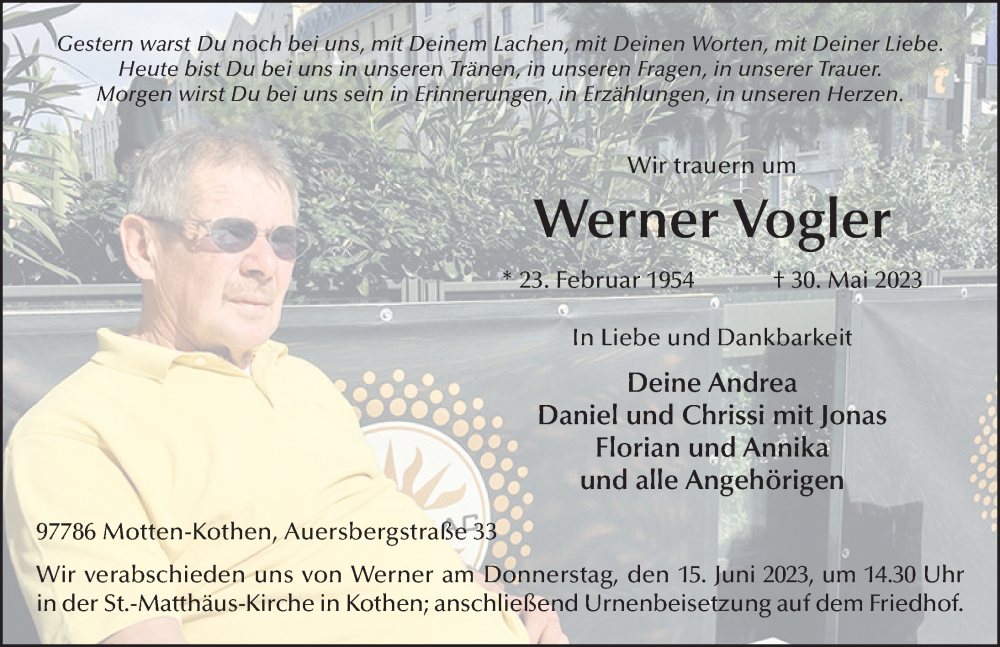  Traueranzeige für Werner Vogler vom 13.06.2023 aus FZ